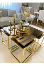 5'li Gold Kaplama Bronz Aynalı Orta Sehpa & Zigon Sehpa - Görsel 2