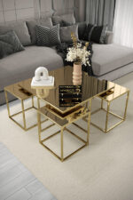 5'li Gold Kaplama Bronz Aynalı Orta Sehpa & Zigon Sehpa